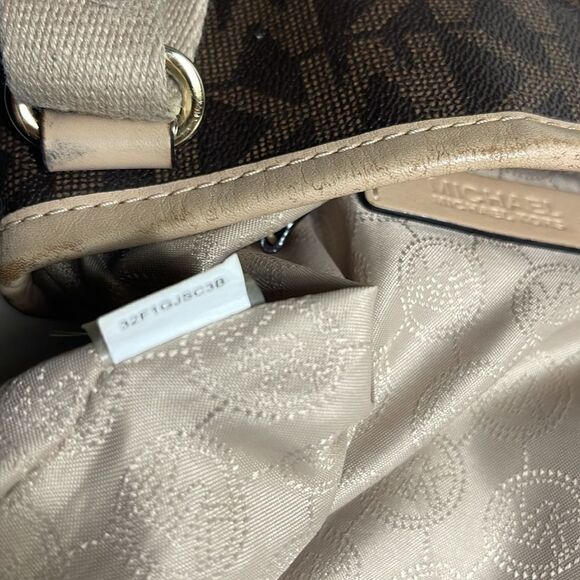 Michael Kors Monogram brown coated canvas tan leather trim small crossbo… - Picture 13 of 15